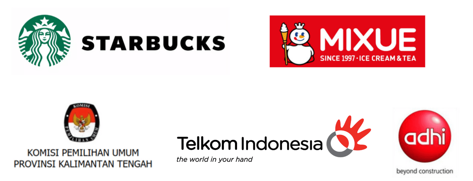 Logo klien Alton: Starbucks, Mixue, KPU Kalimantan Tengah, Telkom Indonesia, dan Adhi Karya